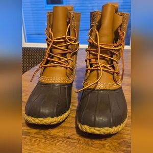 Womens 4 / Kids 2m Bean Boots Brown Tan Black L.L. Bean 8in Lace Up Duck Boots